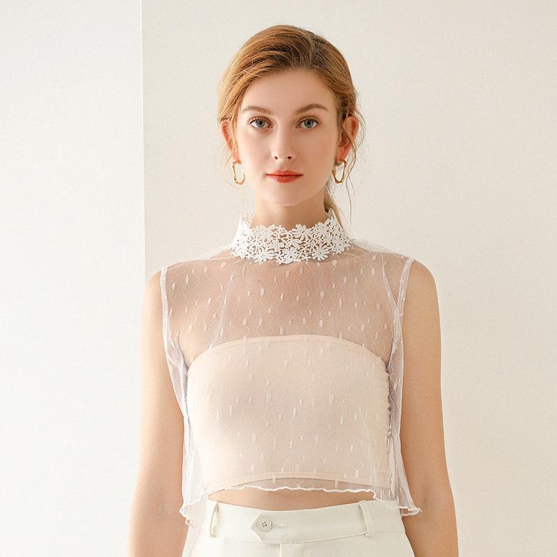 Sweater Decorative Lace Hollow Out Fake Collar Detachable Blouse Half Shirt For Women Girl Flower Ruffled Stand Collar Crop Tops
