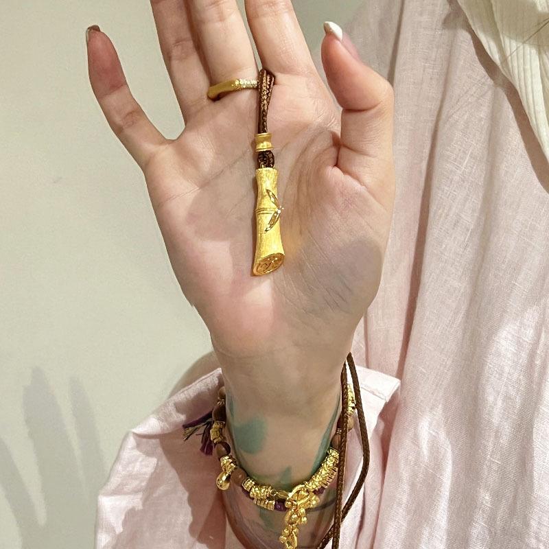 Retro Brushed Frosted Brown Rope Bamboo Joint Necklace Luxury Plant Cylindrical Pendant Classical Collarbone Chain Zircon Gift