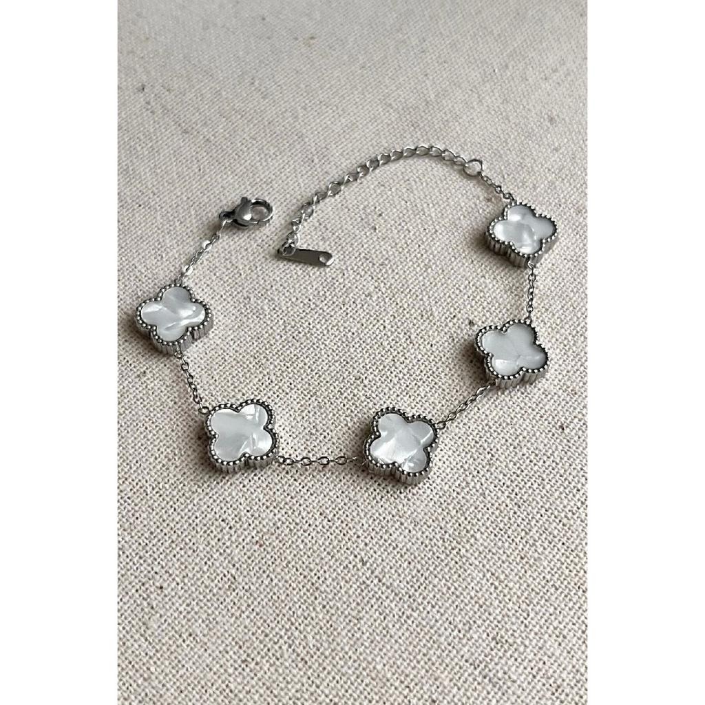 Silver Color Black Mother-of-pearl Clover Steel Bracelet