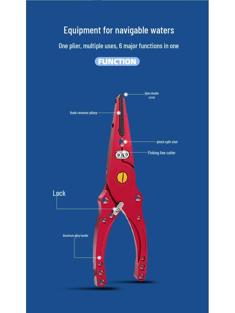 Multi-purpose Aluminum Alloy Fishing Pliers with Line Cutter, Ring Opener, and Lead Crimper for Saltwater Fishing