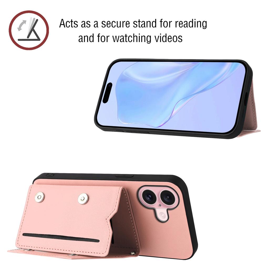 For iPhone 16 Case Card Holder Kickstand Skin-Touch Phone Cover with Wrist Strap
