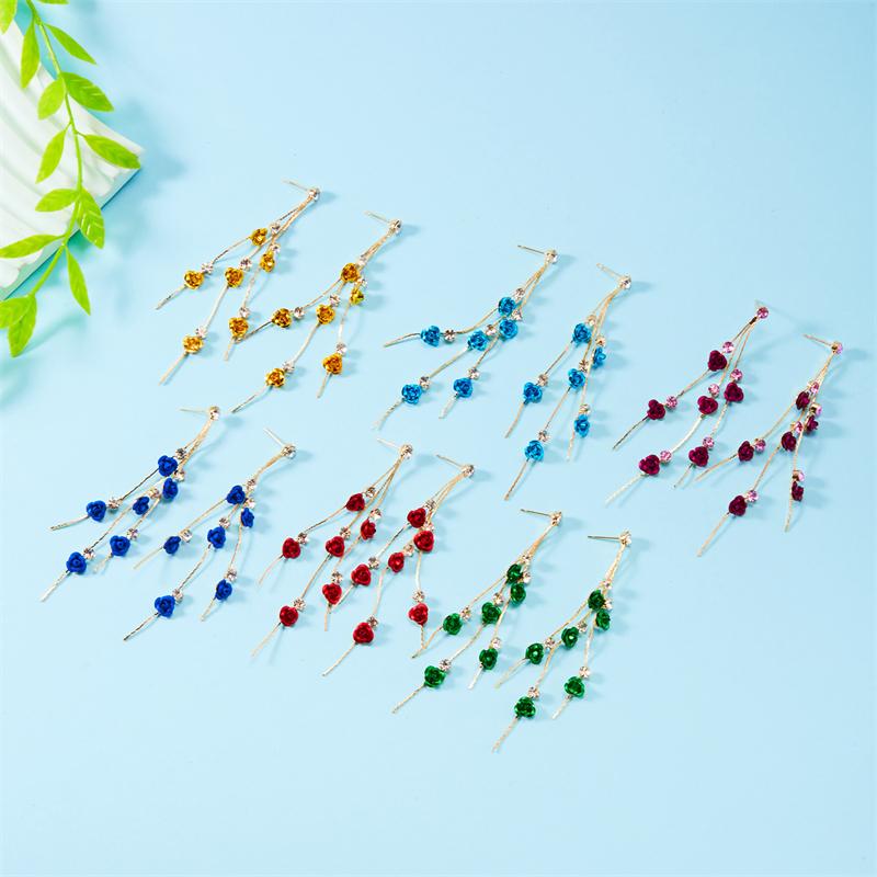 Temperamental Woman 2025 Trendy Multicolour Rose Flower Earrings Alloy Rhinestone Long Tassel Elegant Eardrop Party Jewelry Gift