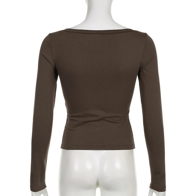 Vintage Top s potiskem písmen Dámský Retro Grunge Knoflíkový Véčkový výstřih Dlouhý rukáv Tričko Podzim Zima Základní Tričko Femme Oblečení