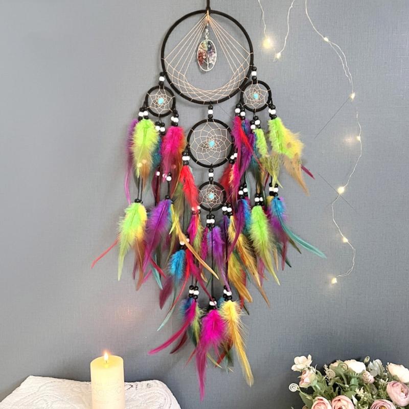 Colorful Crystal Stone Woven Dreamcatchers Wall Art Handmade Feathered Tassels Wall Hanging Ornament for Home Decors