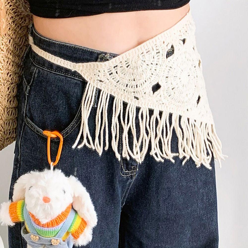 Hollowing Out Knitted Butt Flap Bohemian Tassel Hip Apron Fashion Knitted Back Flap  Photo Props