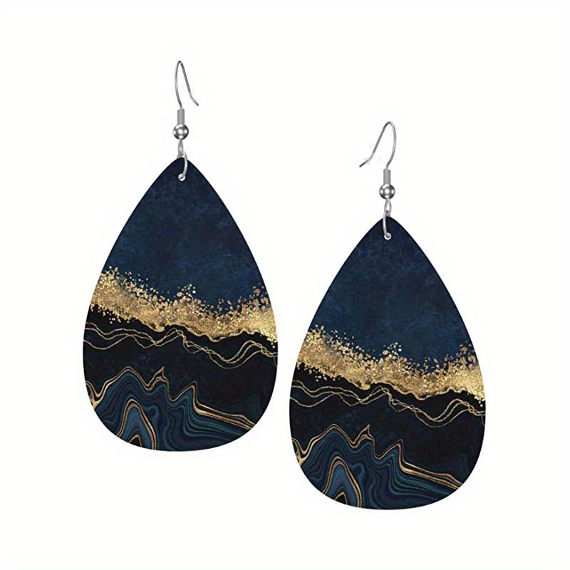 Abstract Ocean Beach Marble Pattern PU Faux Leather Earrings Women's Classic Water Drop Earrings Lightweight Fashion Earrings