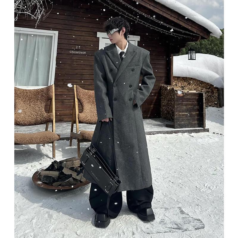 

Niche Design Wool Padded Shoulder Double-Breasted Trench Coat M (95-115 jin) сірий колір