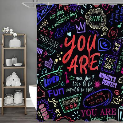 Modern Abstract Graffiti Art Graffiti Text Shower Curtain, Bathroom Decorative Shower Curtain, Waterproof Shower Curtain with Ho
