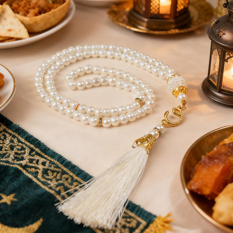 6mm 99pcs Glass Pearls Islamic Prayer Beads Bracelet with Tassel Muslim Party Home Decoration Eid Mubarak Ramadan Gifts Supplies