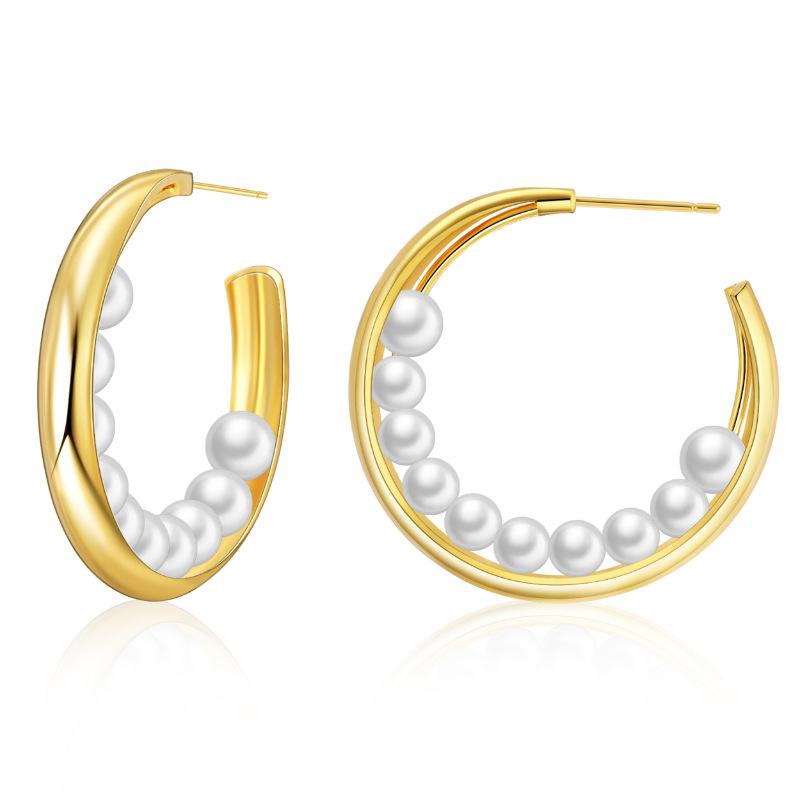 Elegant 18k Gold Plated C Shaped Round Pearl Earrings Fashion Jewelry For Women
