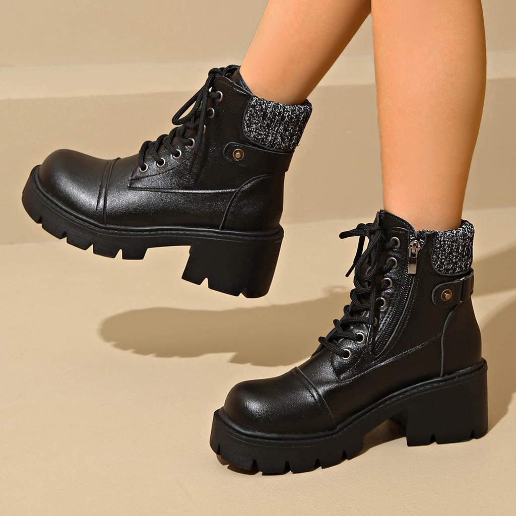 Autumn and Winter Korean Versatile Large Short Women's Round Head Thick Heel Zipper Lace Lace Women's Boots