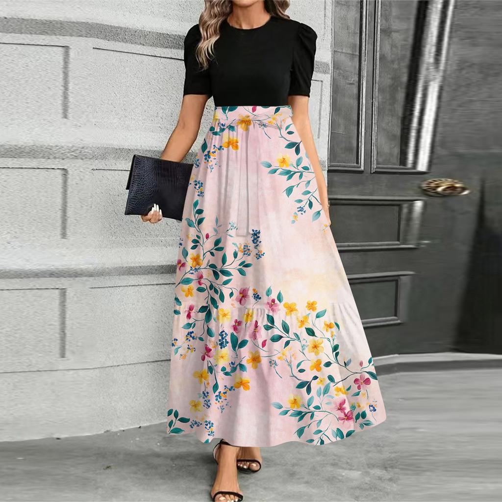 Women's Fashionable Casual Belt Short Sleeved Round Neck Print Elegant Temperament Dress