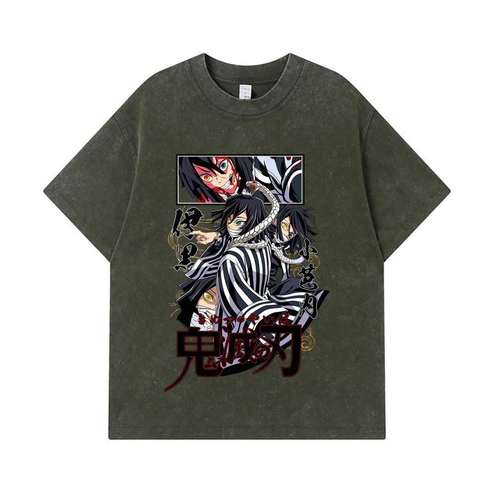 

275 GSM Washed T-shirts 100% Cotton Demon Slayer V95 Iguro Print Unisex Heavy Cotton T Shirt S армия зеленый