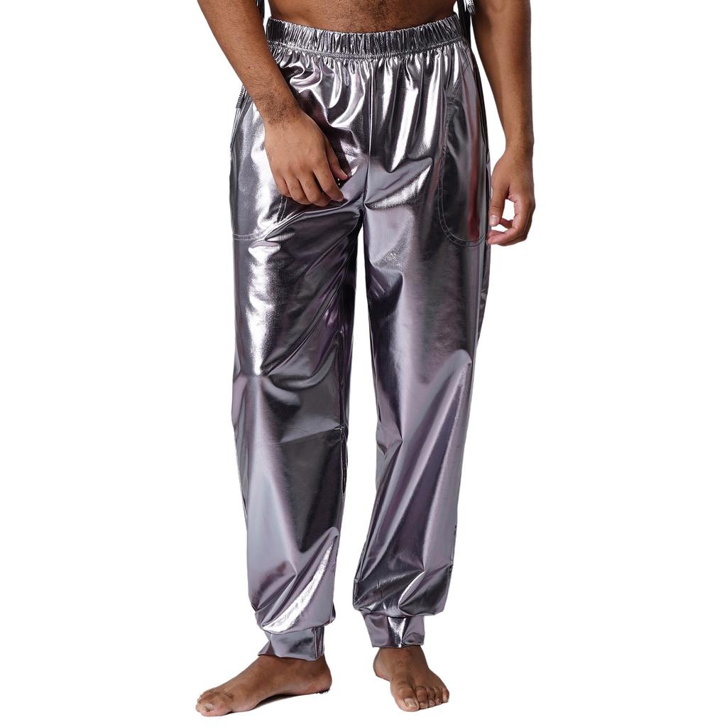 Mens Shiny Sport Pants Metallic High Waist Elastic Waist Loose Fit Modern Dance Pants Performance Wear
