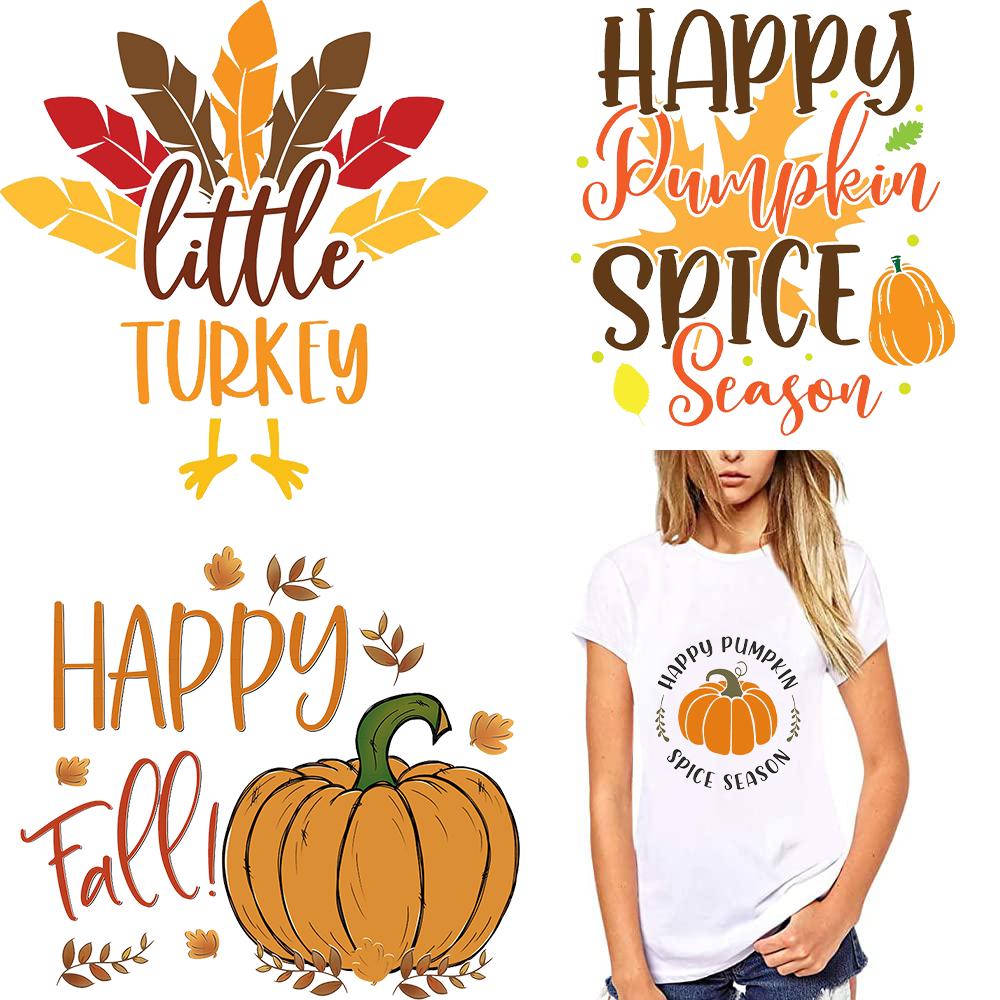 Thanksgiving Iron on Transfers Patches Hello Fall Vinyl Heat Transfers Patches Decals Autumn Design Heat Transfer Stickers