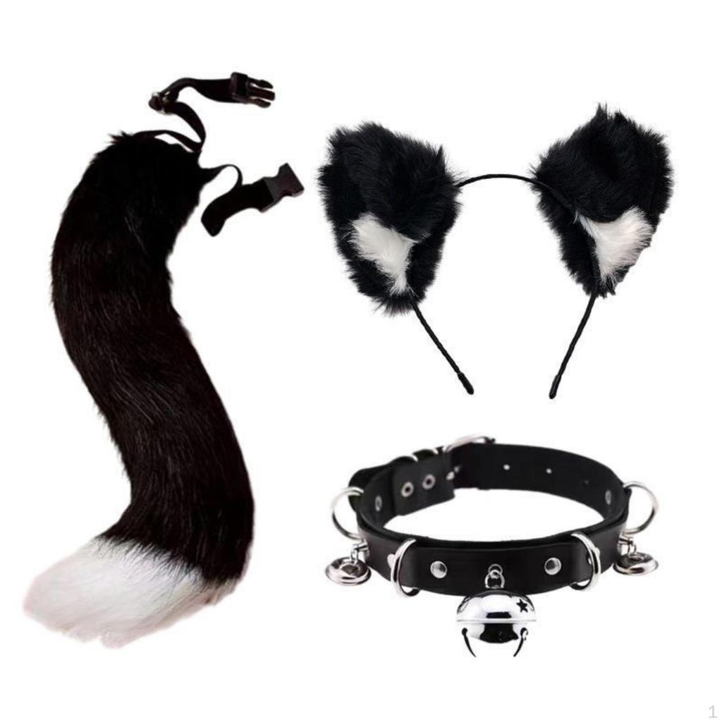 3-teiliges Katzen-Cosplay-Set mit Kunstfell, Katzenohren und Schwanz, verstellbares Stirnband für