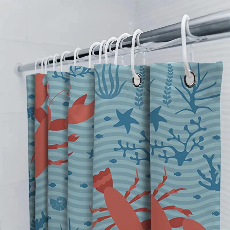 Underwater Life Lobster Shower Curtain Blue Red Fishes Marine Decor For Bathroom Waterproof Fabric