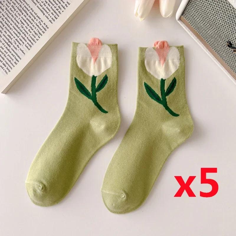 5 Pairs Lot Women Socks Cotton Japanese Korean Style Cute Flower Print Hajuruku Kawaii Floral Breathable Casual Sweet Socks