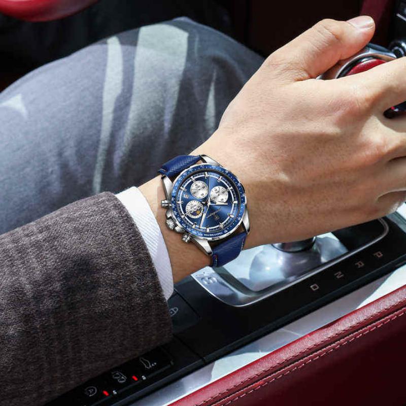 Mens Watches Multifunctional Chronograph Watch For Men 30M Waterproof Luminous Moon Phase Quartz Wristwatches Box