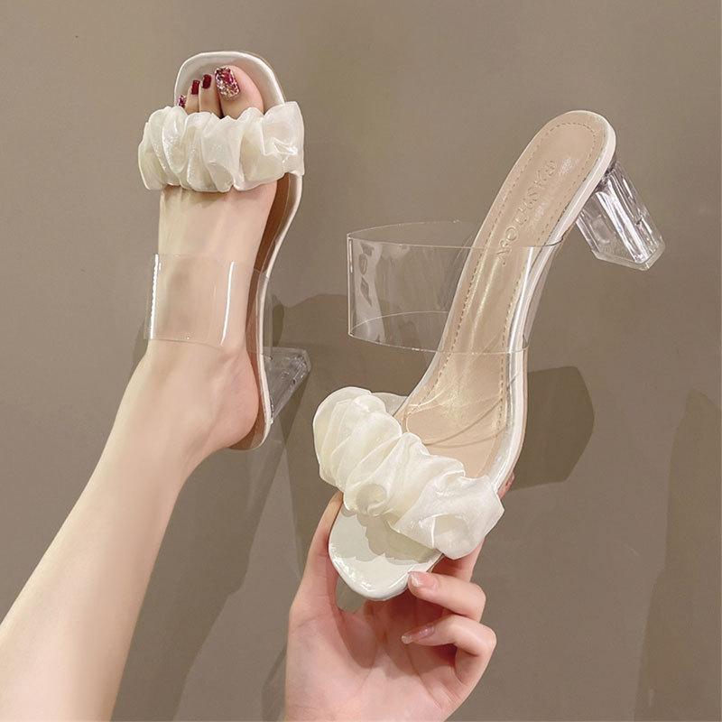 Transparent high heels summer crystal thick heel sandals female 2025 new fairy wind half drag French Internet celebrity cool slippers