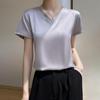 Silk T-shirt for Women Spring and Summer Short Loose V-neck Solid Colour Texture Simple Inner Short-sleeved Top