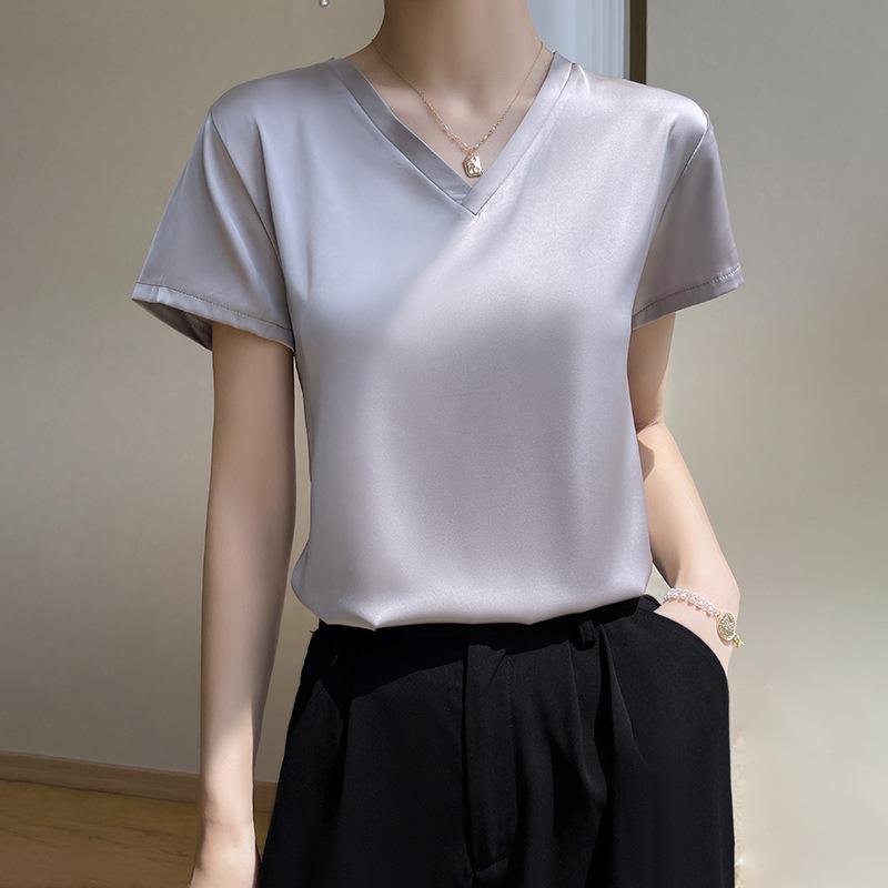 Silk T-shirt for Women Spring and Summer Short Loose V-neck Solid Colour Texture Simple Inner Short-sleeved Top