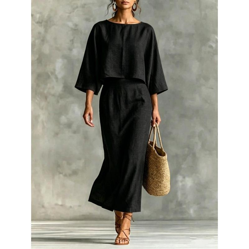European and American Autumn New Elegant Women's High-waisted Midi Skirt Set, Round Neck Three-quarter Sleeve Loose Women's Top