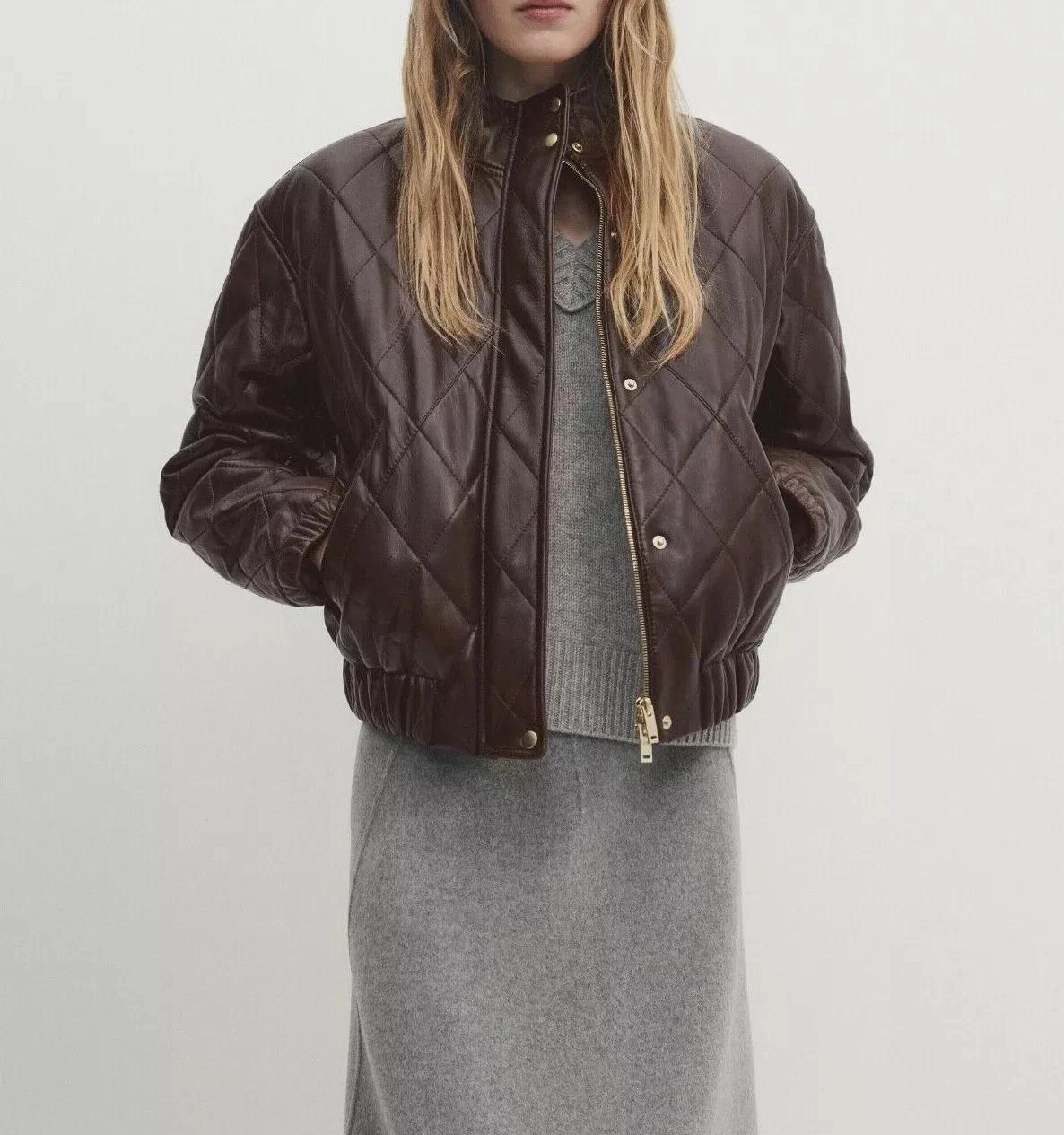 

Стеганая коричневая женская куртка-бомбер из мягкой кожи ручной работы из натуральной овчины, байкерская 3XL коричневый