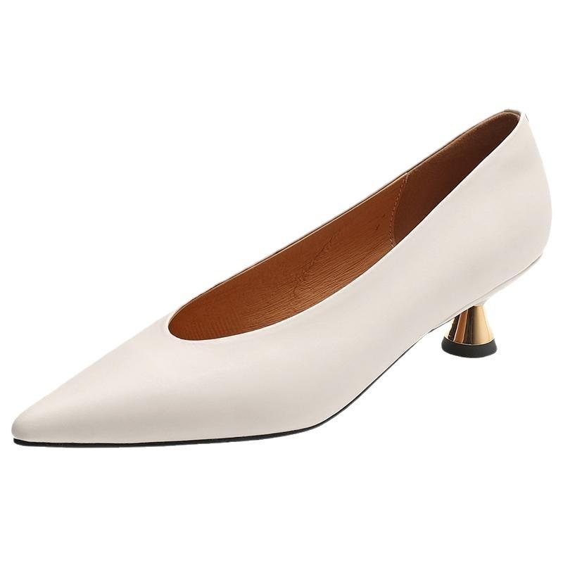 Commuter casual versatile small heel single shoes women's spring and autumn 2025 new pointed head shallow mouth short heel soft leather high heels