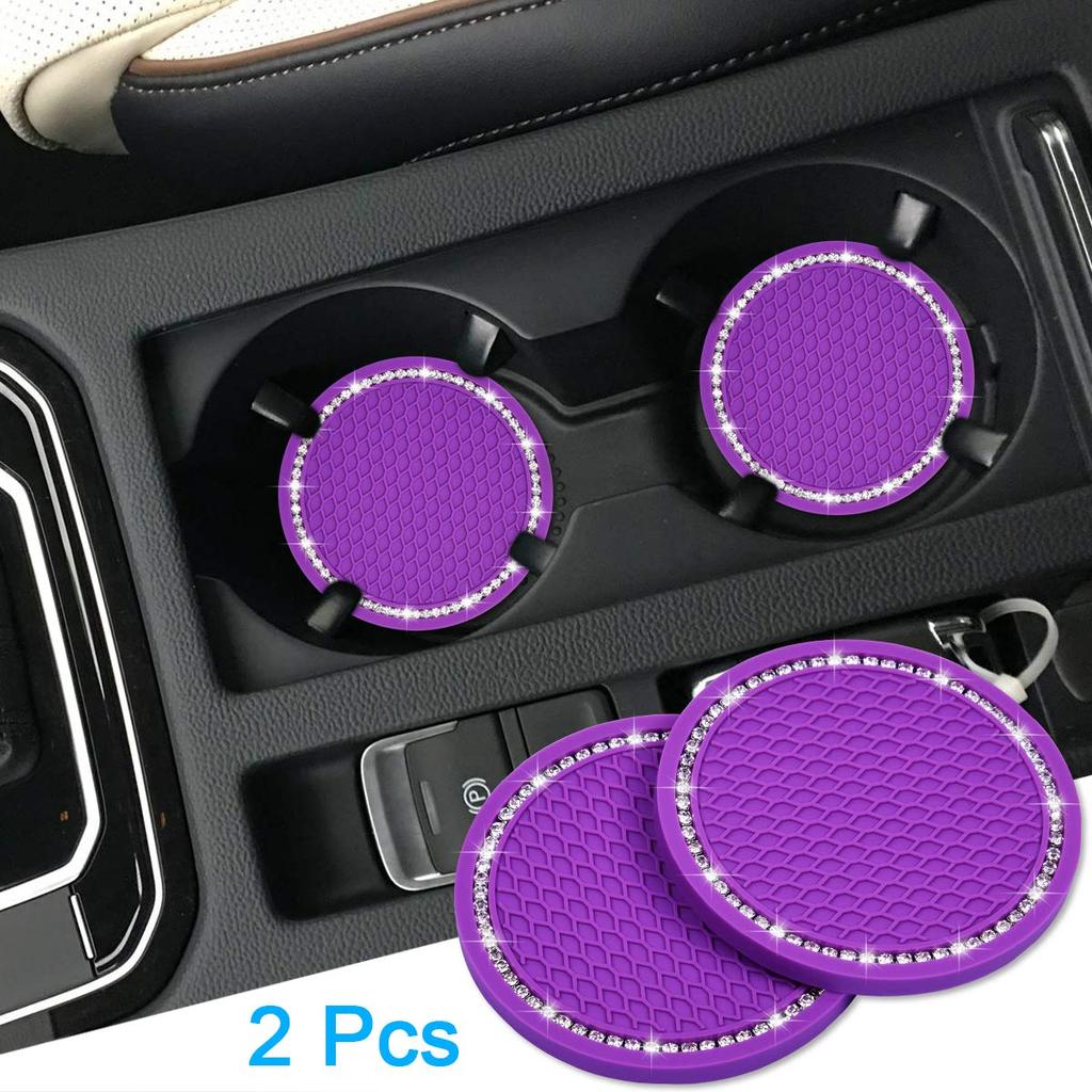 Wisdompro Car Non-Slip Coasters, Sparkly Car Drink Holder Mats, Vinyl, Anti-Slip, Anti-Vibration, Round, 70mm Diameter, Pack of 2, Purple
