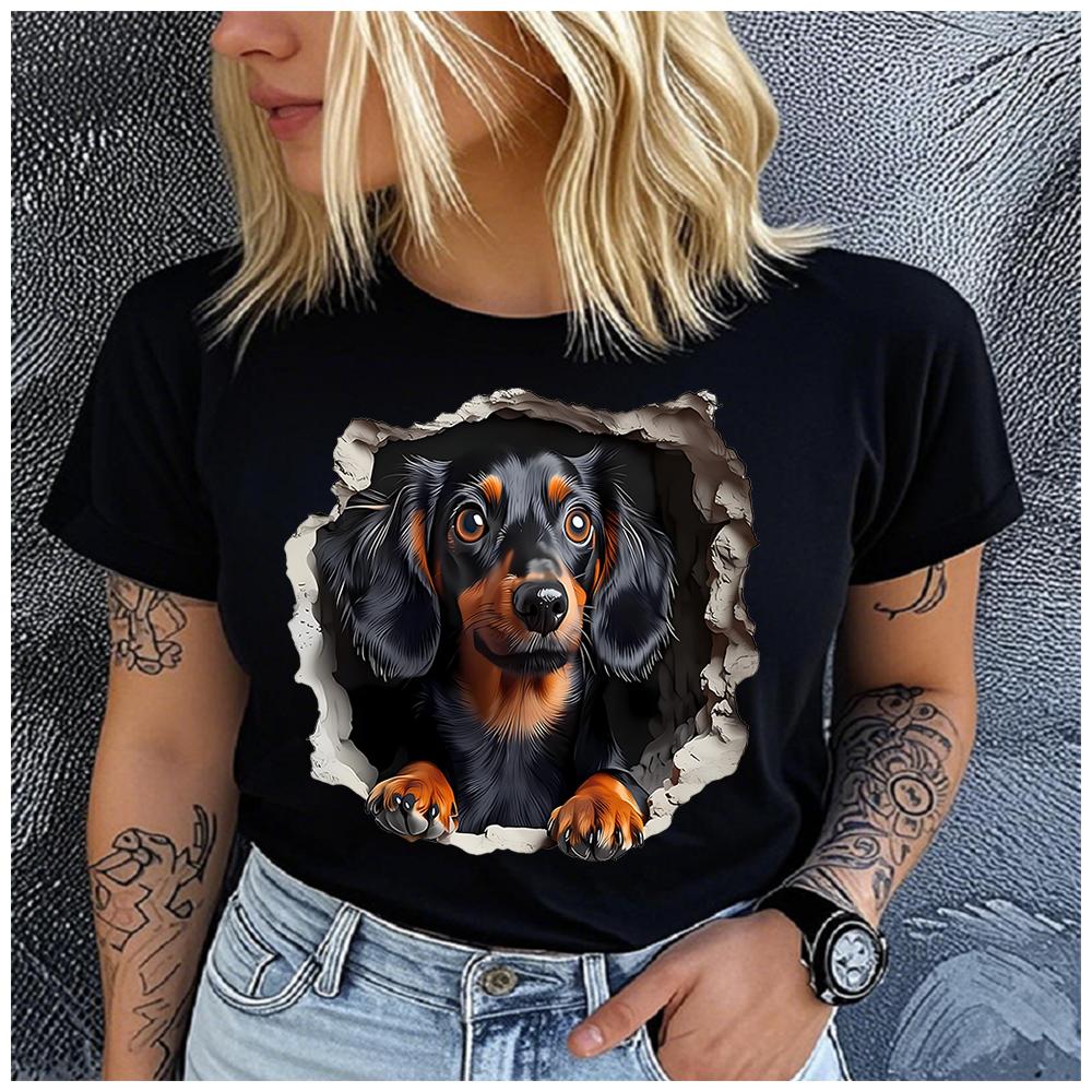 Women's Cotton 100% Interesting Dog Print T-shirt Loose round Neck Casual Short Sleeve Fashion Top Wholesale Clothing Summer