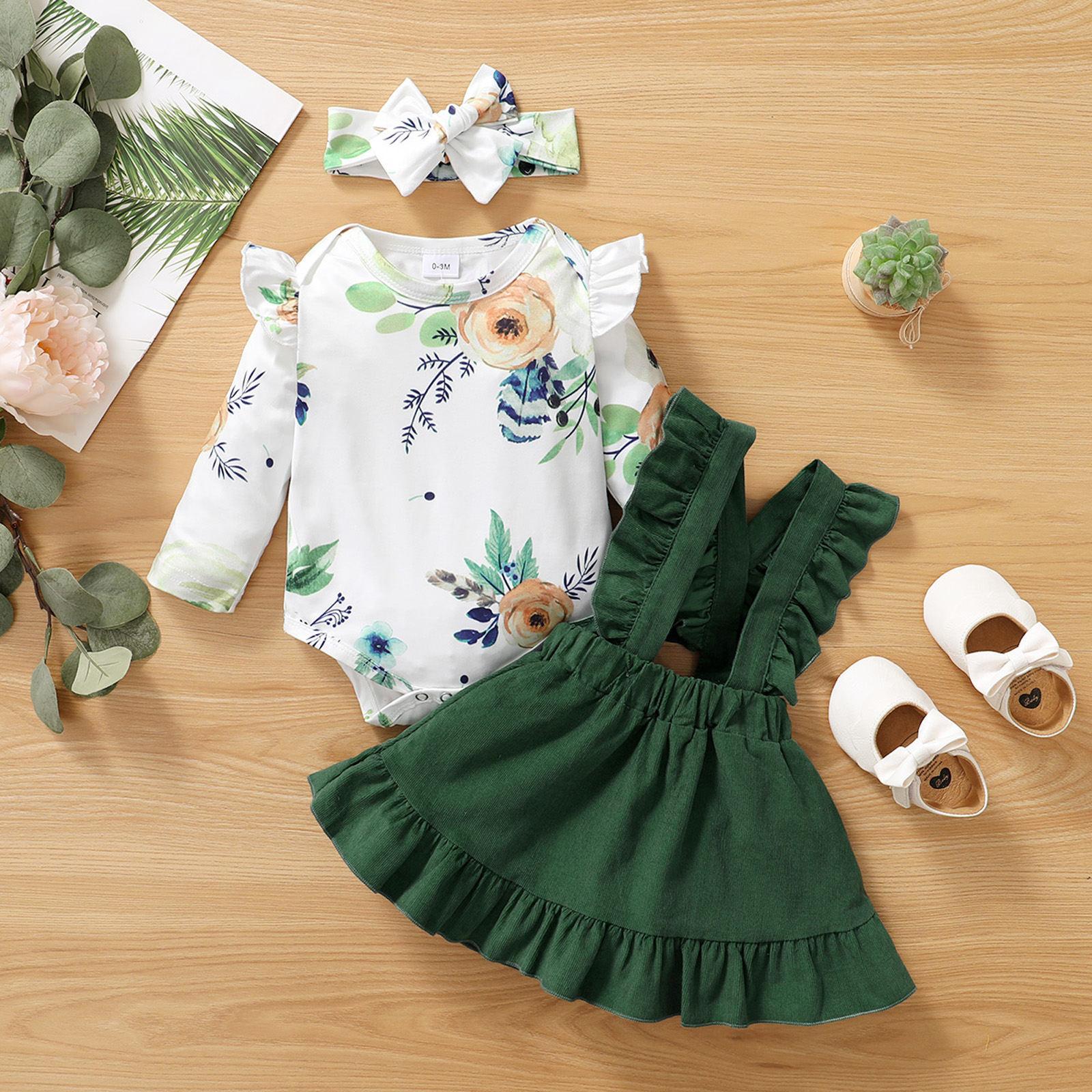 

Футболка с цветочным принтом для маленьких девочек, топы, юбка на подтяжках, комплект одежды 100 зелёный