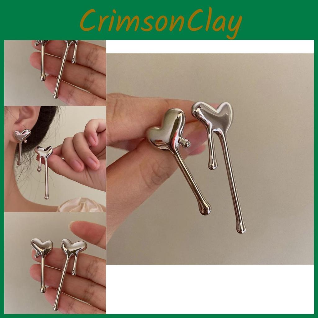 Silver Geometric Trendy Heart And Waterdrop Earrings Stylish Alloy Studs Ear