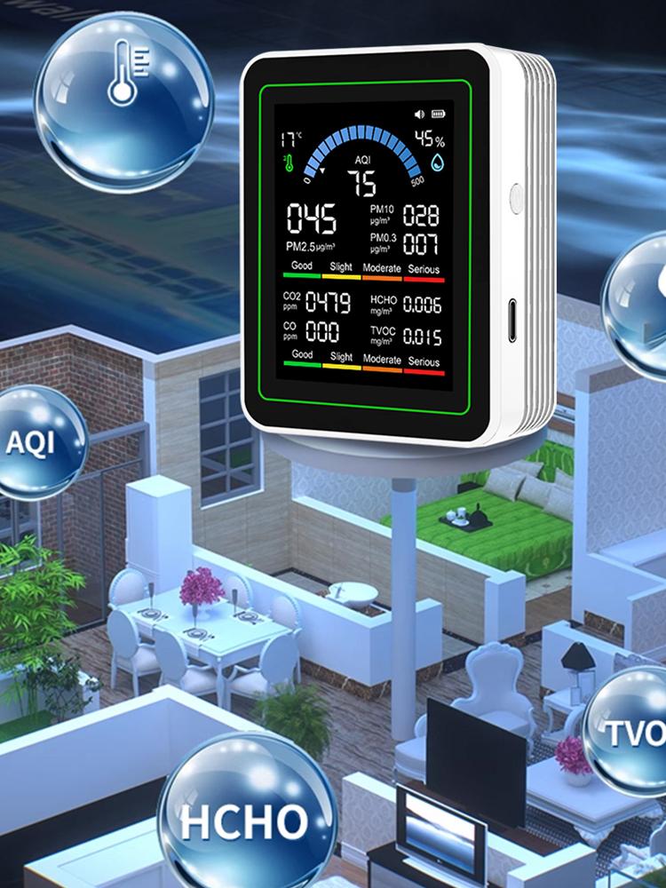 10-in-1 Air Quality Monitor Real-Time Air Quality Meter with Display Temperature Humidity Detector for Home Cars Plants