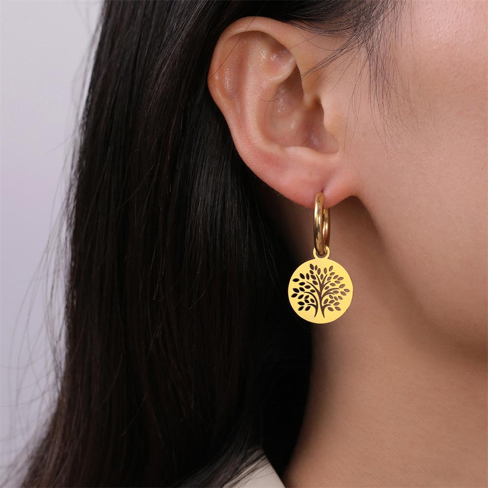 Kulaté náušnice z nerezové oceli Strom života visací pro ženy Dívky Trendy Náušnice pro štěstí Amulet Šperky Party Dárek