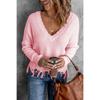 Autumn and Winter Fashion New Style Gray Cotton V-neck Long-sleeved Tassel Ripped Sweater, Casual Loose Blue Ladies Pullover Sweater  Top AL6101