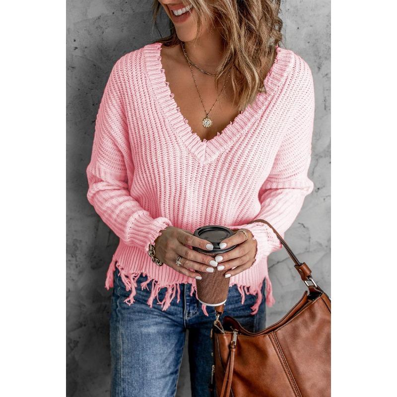 Autumn and Winter Fashion New Style Gray Cotton V-neck Long-sleeved Tassel Ripped Sweater, Casual Loose Blue Ladies Pullover Sweater  Top AL6101
