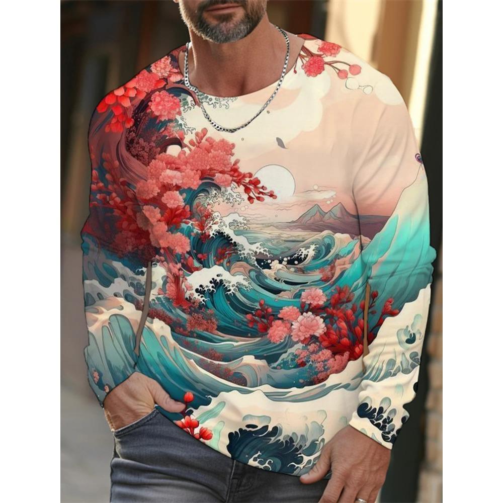 Spring and Autumn Round Neck 3D Ukiyoe  Printed Top Fashionable Casual Long Sleeved Men's T-shirts
