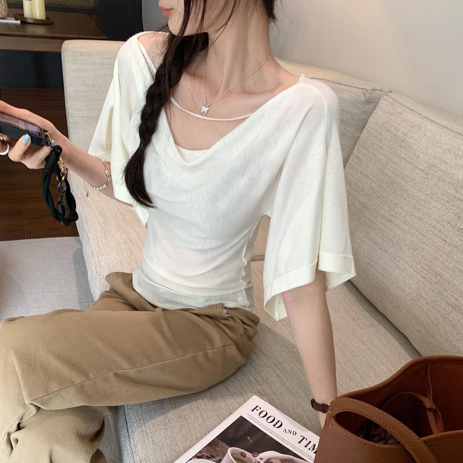 Women s One-Shoulder Batwing Sleeve T-Shirt - Korean Style Summer 2026 Medium белый