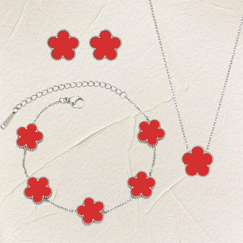 Luxury Zircon Set for Women copper Color Chain Stainless Steel Double Sided Five Leaf Flower Necklace Earrings Bracelet Clover