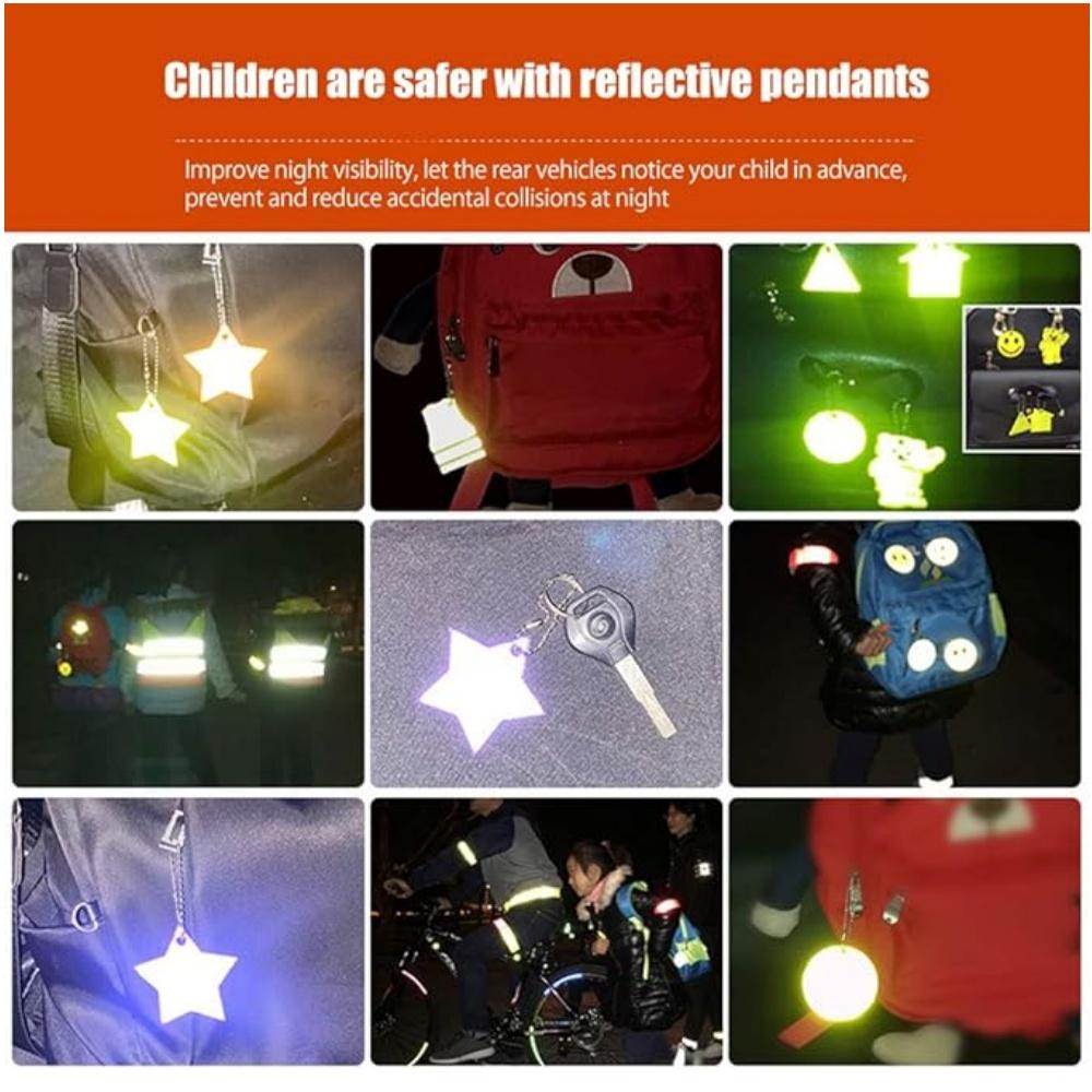 10Pcs Reflective Keychain Pendant with Stars And Gears Child Safety Night Reflectors for Bag Strips And Keyrings