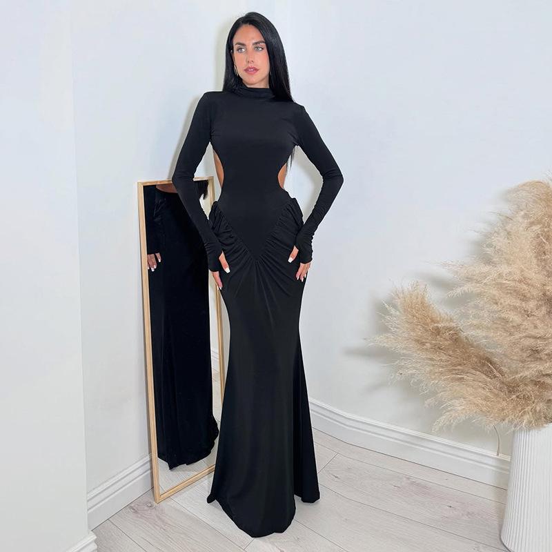 

European and American style autumn new women s clothing turtleneck temperament slim-fitting sexy backless solid color long dress S чёрный