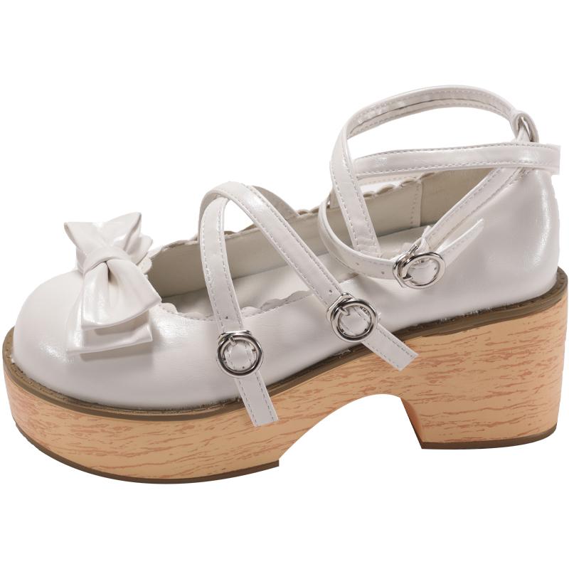 Fashion Women's Cross Strap JK Lolita Shoes Spring and Autumn Leather Outdoor High Heels Mary Jane Shoelaces Bow