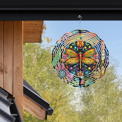 Bunter Libellen-Windspiel – 10 Zoll 2D Laserschnitt Metallkunst, 360° drehbarer Haken für sanfte Bewegung – Handgefertigte kinetische Dekoration für Außen/Innen