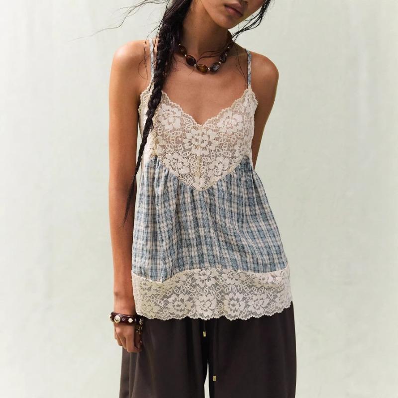 Womens Lace Plaid Patchwork Cami Top V Neck Spaghetti Strap Casual Sleeveless Blouse XS