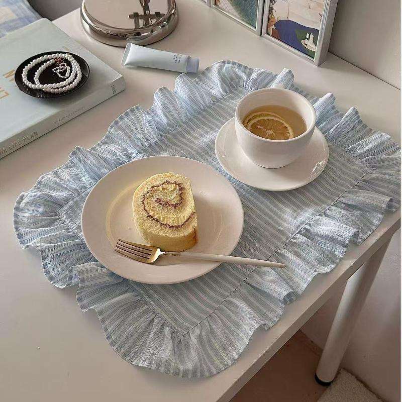 Rüschen Tischsets Rosa Blaue Streifen Platzset Set für Esstisch Küchen Dekoration Niedliche Waschbare Stoff Tischzubehör