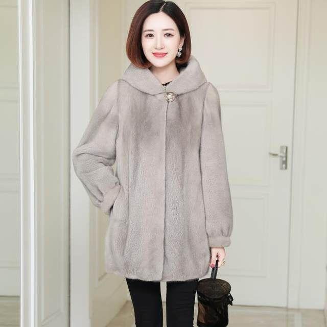 Women Autumn Winter Thick Warm Outwear Hooded Mid Length Faux Fur Coat Female Parka Imitation Mink Velvet Overcoat