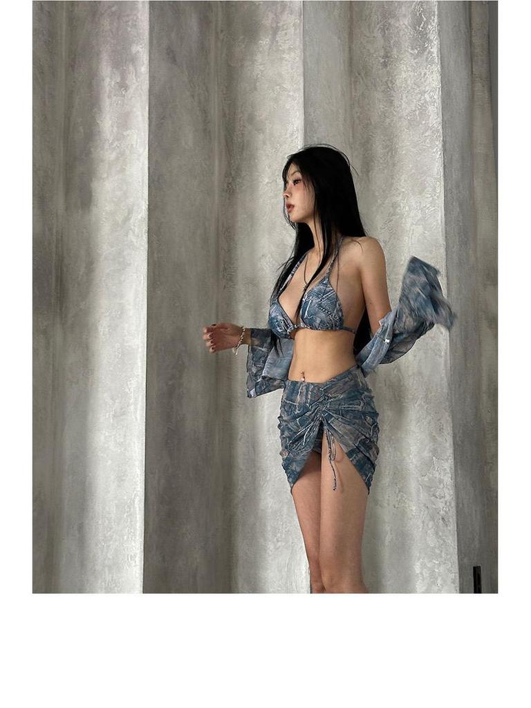 Damen Pure Desire Sexy Göttin 4-teiliges Bikini-Badeanzug-Set mit Sonnenschutz Langärmeliges Überkleid