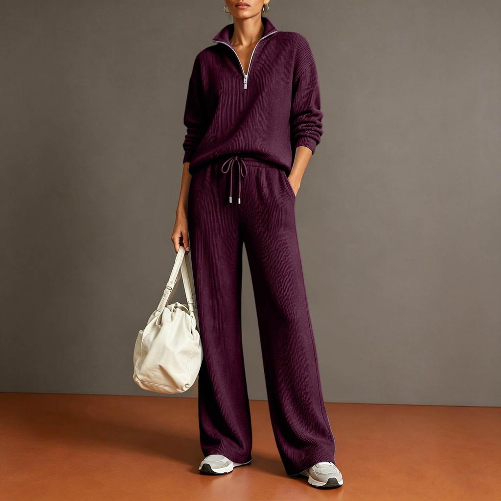 Women's Casual Half Zip Pullover Sweater and Wide Leg Pants Two Piece Set Lightweight Knit Loungewear Tracksuit for Everyday Wear