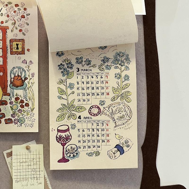 2027 Wall Hanging Calendar Pre-punched Holes Hand Drawn Afternoon Tea Floral Patterns for Home Use
